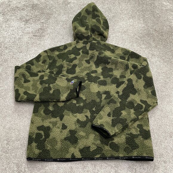 Champion Fleece Camo Sherpa Hoodie Sweatshirt Mens Medium Green Camouflage Hunt - Picture 2 of 15